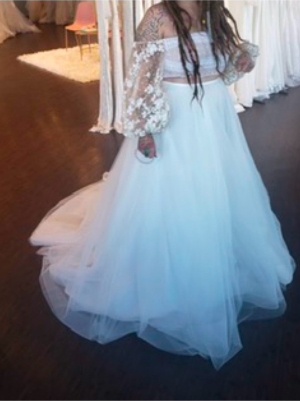 Two-Piece White Bridal Gown with Lace Off-Shoulder Top